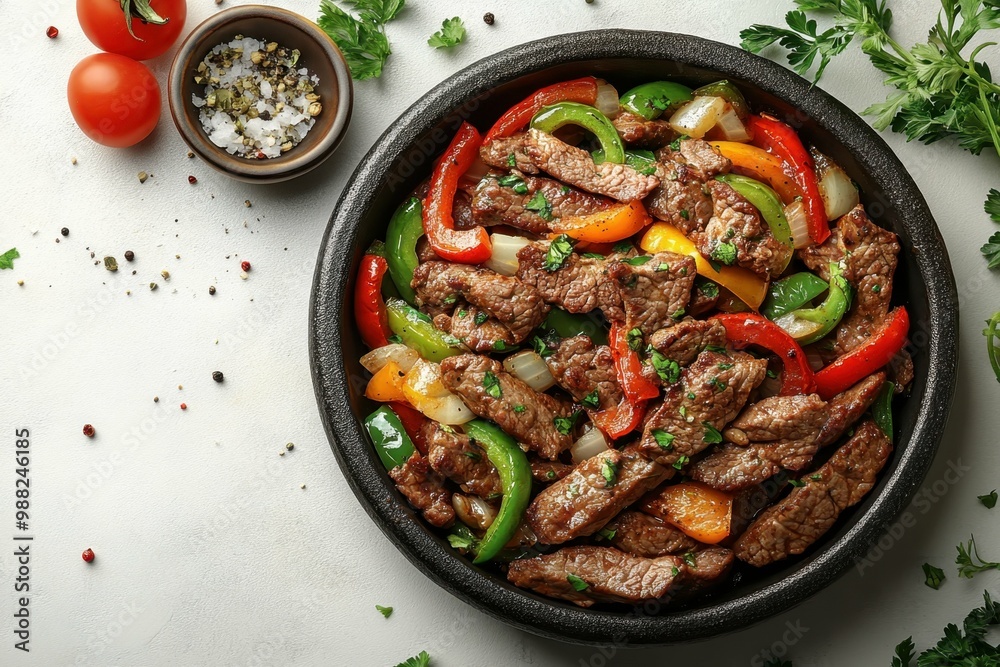 Sizzling beef fajitas with peppers and onions, placed on the right side of a clean white table, professional overhead shot. Sizzling beef fajitas with peppers and onions, placed on the right side of a clean white table, professional overhead shot.
