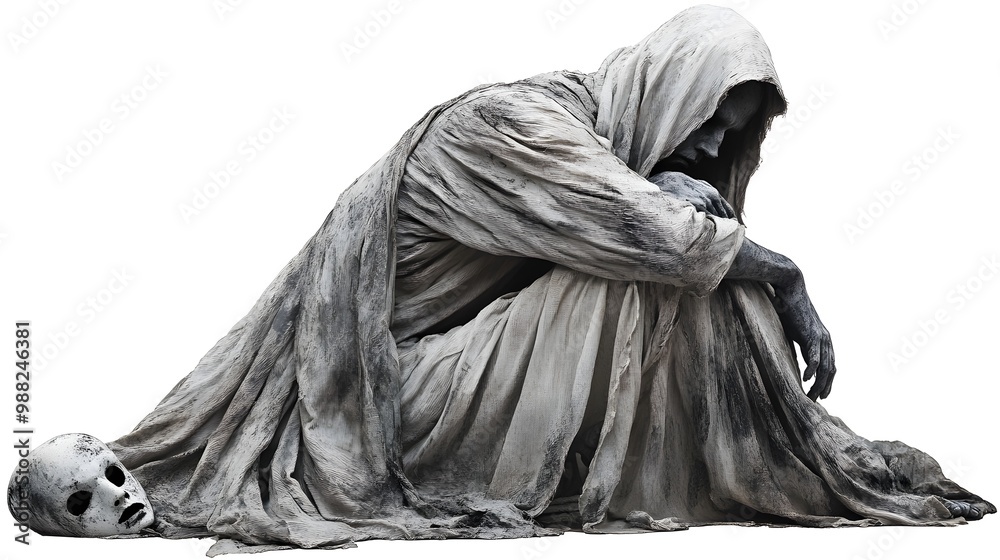 Fototapeta premium Ghostly monk in tattered robes, entwined with Halloween masks, cinematic dark art, isolated on white background