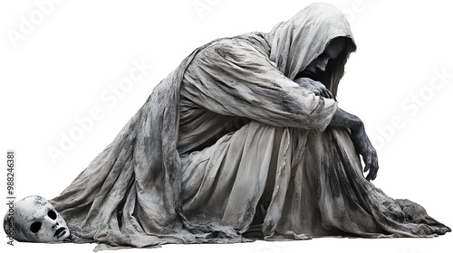 Ghostly monk in tattered robes, entwined with Halloween masks, cinematic dark art, isolated on white background