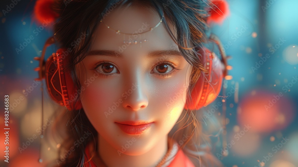 ヘッドフォンをつけた美女ポートレート,Generative AI AI画像