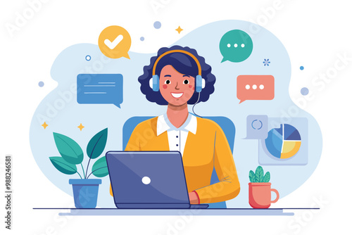 A customer service representative with headphones assists clients remotely from a modern, well-organized home office.