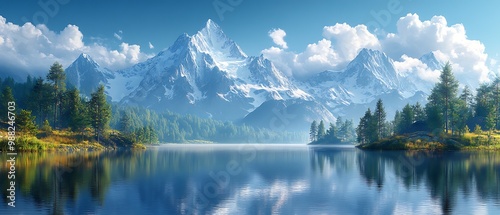 Majestic snow-capped mountain peaks reflected in a still lake, with a forest lining the shoreline and a clear blue sky.