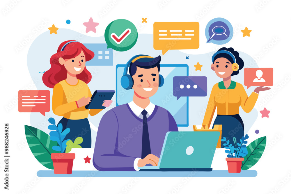 A team of customer support professionals interacts with clients, providing assistance and receiving feedback in a vibrant, collaborative workspace. A team of customer support professionals interacts with clients, providing assistance and receiving feedback in a vibrant, collaborative workspace.