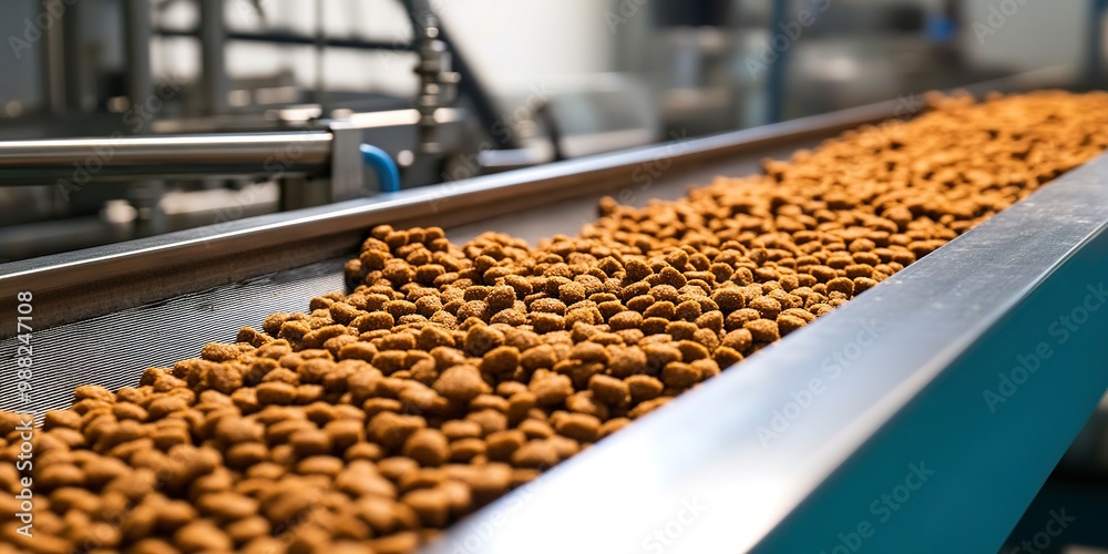 An industrial pet food manufacturing process showing kibble being efficiently processed and sorted on an automated conveyor belt system.