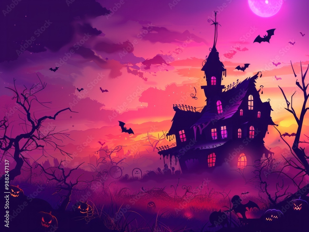 Halloween banner design with a haunted house, flying bats, Glowing Jack-o-Lanterns, Full Moon, and a Spooky Atmosphere in the Nighttime Halloween Scene