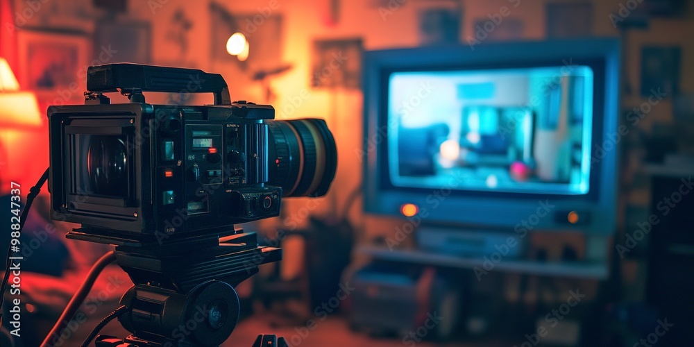 Fototapeta premium A video camera is positioned in front of a television screen, capturing the scene playing on the screen.