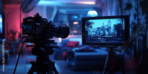 A video camera is positioned in front of a television screen, capturing the scene playing on the screen. 