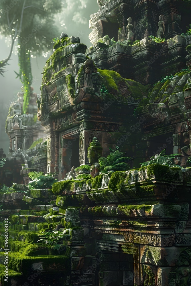A detailed 3D rendering of an ancient temple in a dense jungle, with moss-covered stone walls, statues, and a mysterious atmosphere A detailed 3D rendering of an ancient temple in a dense jungle, with moss-covered stone walls, statues, and a mysterious atmosphere