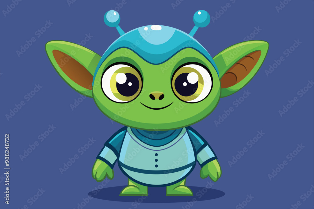 Obraz premium A charming green alien character stands cheerfully, showcasing a customizable design with large eyes, a friendly smile, and colorful attire.