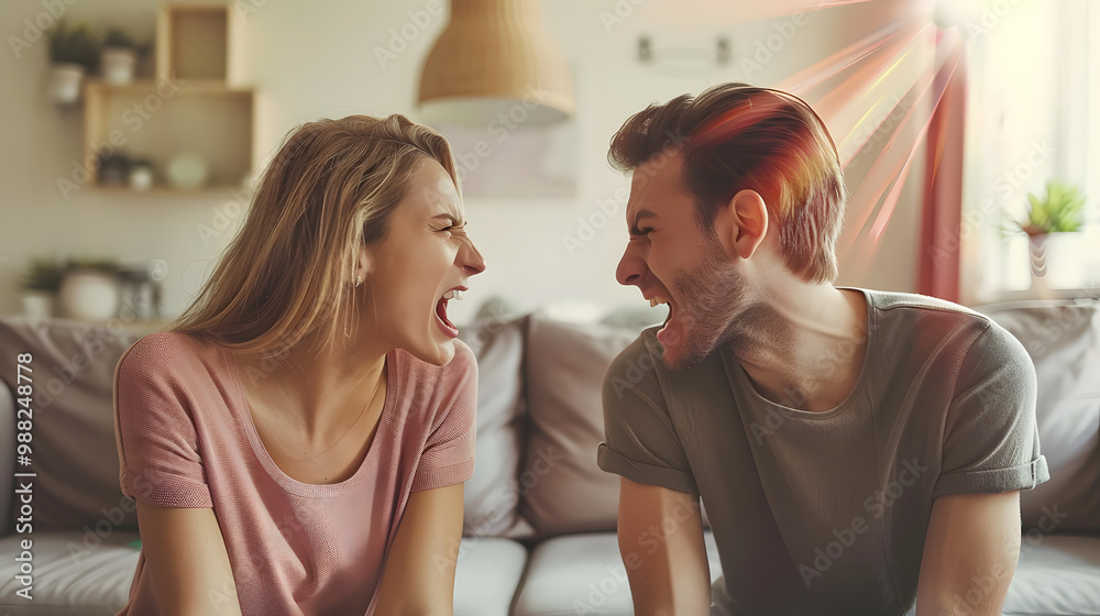 Naklejka premium Annoyed young family couple arguing emotionally, blaming each other. Stressed irritated woman and man shouting at each other having serious relations communication problems. Couple