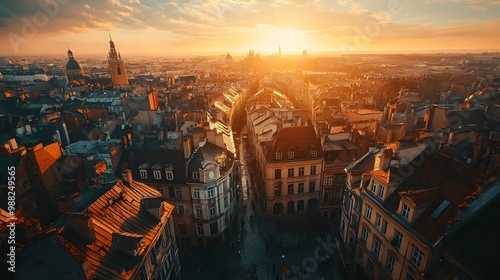 Aerial view of a historic European city, cobblestone streets winding through centuries-old buildings, with a large central plaza and people walking