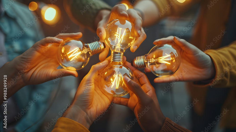 Bottom view of interracial colleagues stacking together light bulbs as ...