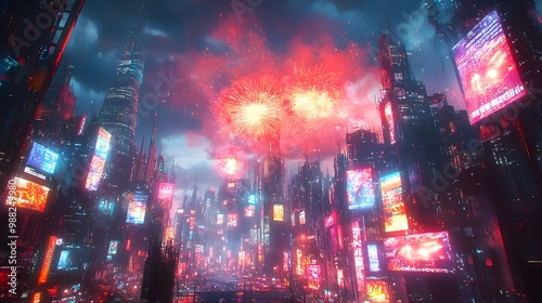 A city illuminated by vibrant firework displays, blending with the cyberpunk skyline, glowing billboards, and futuristic architecture, digital painting, high detail