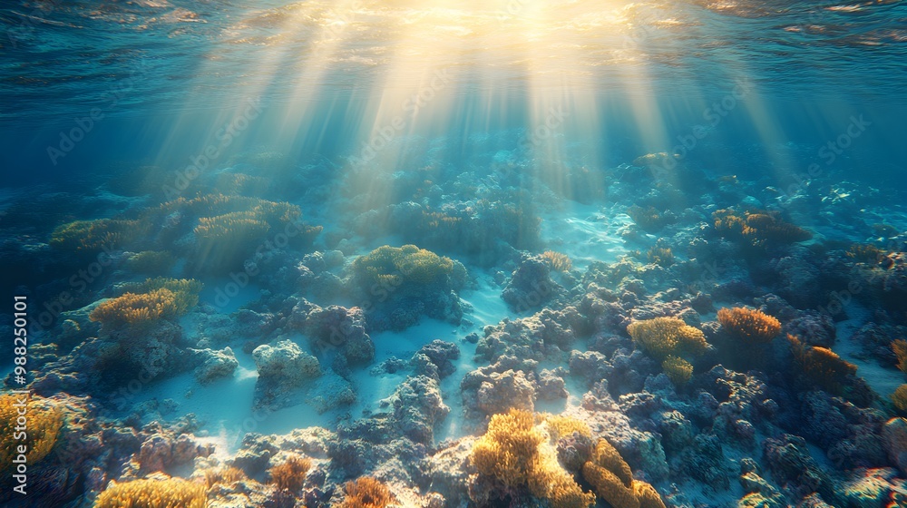 Obraz premium Aerial view of vibrant coral reefs, teeming with marine life, in crystal-clear waters, illuminated by golden sunlight, Photorealism, 3D Render, Bright colors, Highly detailed