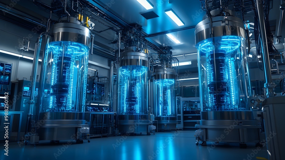 Stainless steel tanks reflecting the glow of blue LED lights in a sterile pharmaceutical lab, surrounded by advanced machinery and robotic arms, Sci-fi, Hyper-realistic Stainless steel tanks reflecting the glow of blue LED lights in a sterile pharmaceutical lab, surrounded by advanced machinery and robotic arms, Sci-fi, Hyper-realistic