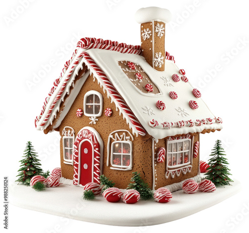 PNG 3d rendering of Christmas gingerbread house flat front view christmas dessert confectionery. photo