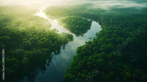 Aerial scene of a vast rainforest, rivers meandering under thick tree cover, wildlife concealed within the foliage, faint mist hovering, sunlight dapples