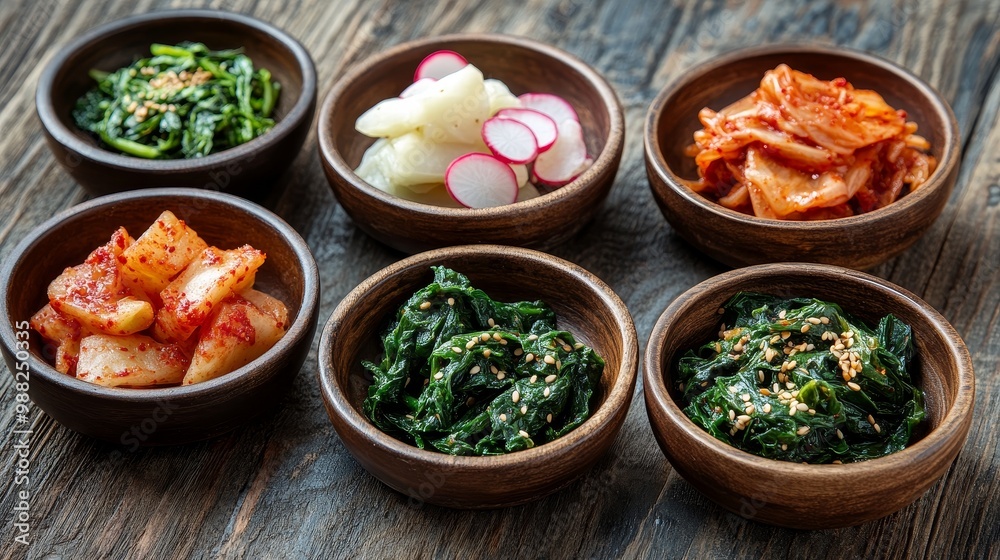 Vibrant Korean Banchan Delight: Kimchi, Pickled Radishes, Spinach in Small Bowls Vibrant Korean Banchan Delight: Kimchi, Pickled Radishes, Spinach in Small Bowls