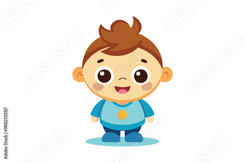 A cheerful baby cartoon character with brown hair is dressed in a blue outfit, smiling happily against a plain white background.