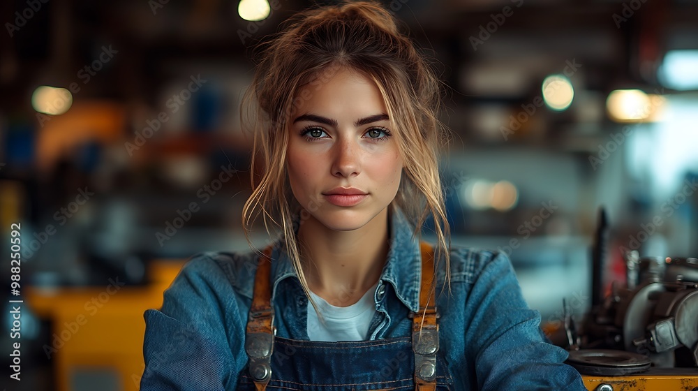 Portrait of a young woman in a workshop, looking directly at the camera. Portrait of a young woman in a workshop, looking directly at the camera.