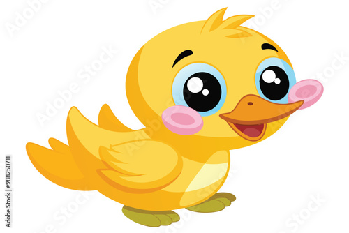 A cheerful cartoon baby duckling smiles happily, showcasing its vibrant yellow feathers and big, expressive eyes against a bright white backdrop.