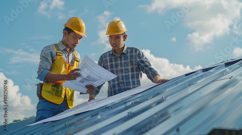 Builder team, foreman house asian young engineer, architect, contractor discussing metal sheet rooftop on blueprint follow project to build industrial plan at outdoor site. Engineeri photo