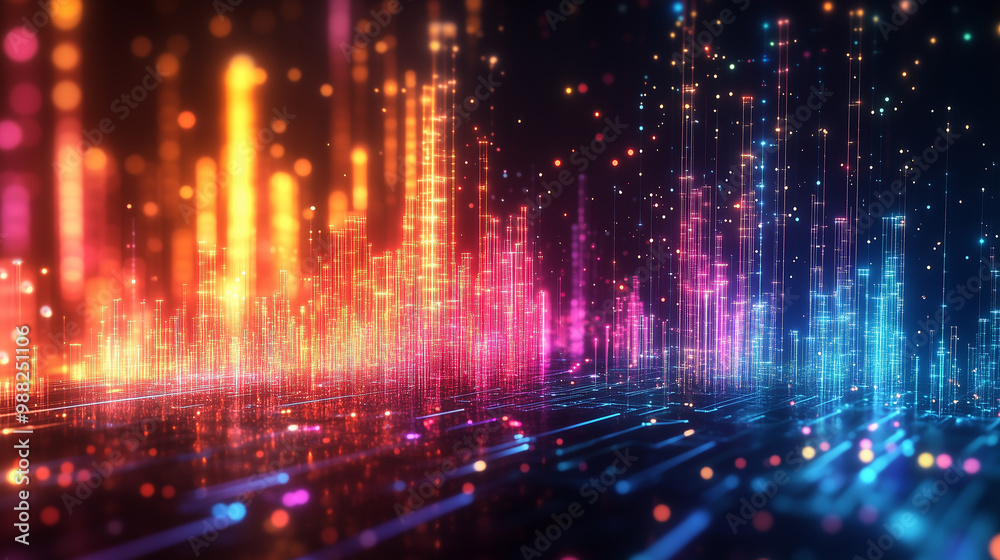 Vibrant digital abstract background featuring colorful light beams and particles, creating dynamic visual effect. interplay of colors evokes sense of energy and movement. Vibrant digital abstract background featuring colorful light beams and particles, creating dynamic visual effect. interplay of colors evokes sense of energy and movement.