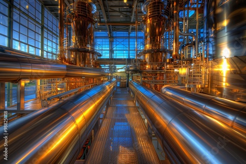 Industrial Plant with Modern Piping System, Polished Metal Surfaces, and Complex Infrastructure.