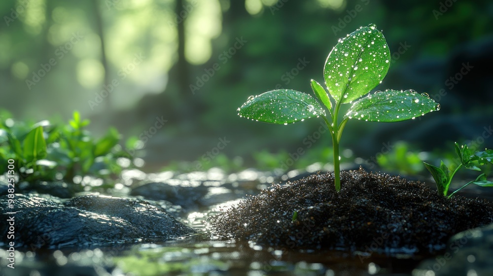 A young plant with dew in a serene forest setting. A young plant with dew in a serene forest setting.
