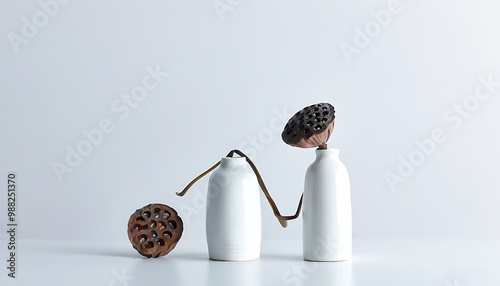 Zen-inspired lotus seed pods in white porcelain jars, minimalist home decor. photo