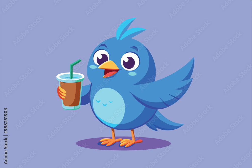 A cheerful blue cartoon bird happily holds a drink with a straw, exuding joy and charm against a vibrant backdrop. A cheerful blue cartoon bird happily holds a drink with a straw, exuding joy and charm against a vibrant backdrop.