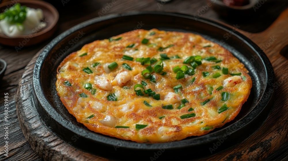 Freshly Cooked Korean Seafood Pancakes (Pajeon) with Green Onions on Rustic Plate in Soft Morning Light for Homemade Vibe Freshly Cooked Korean Seafood Pancakes (Pajeon) with Green Onions on Rustic Plate in Soft Morning Light for Homemade Vibe