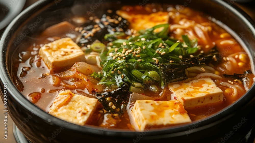 Authentic Doenjang Jjigae: Close-up of Savory Soybean Paste Stew with Tofu and Vegetables Authentic Doenjang Jjigae: Close-up of Savory Soybean Paste Stew with Tofu and Vegetables
