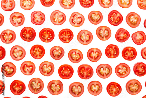 A pattern of cherry tomato slices, densely arranged, highlighting the variations in red and orange hues among the tomatoes, on a transparent background