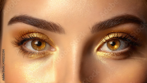 Bright eyed woman applying illuminating eye cream radiant glow smoothing texture soft golden light Closeup