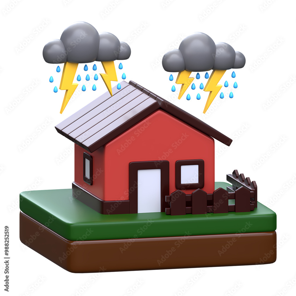 Fototapeta premium 3D Thunderstorm House Icon. It is perfect for use in weather forecasts, environmental campaigns, climate change awareness, and educational materials about natural disasters