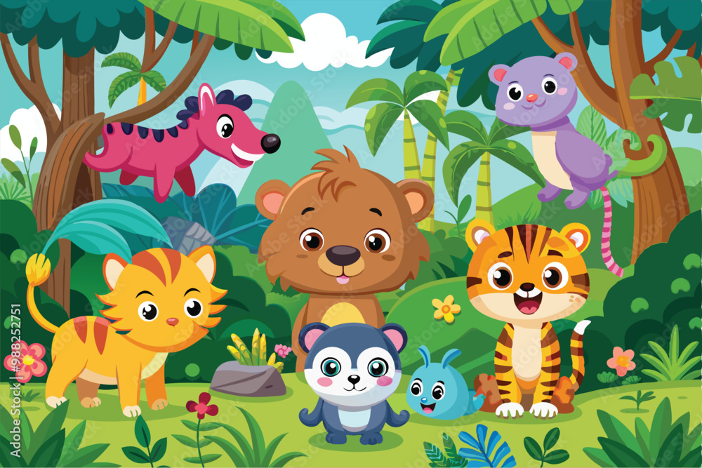 Naklejka premium A group of adorable cartoon animals joyfully interacts amidst lush greenery in a colorful jungle.