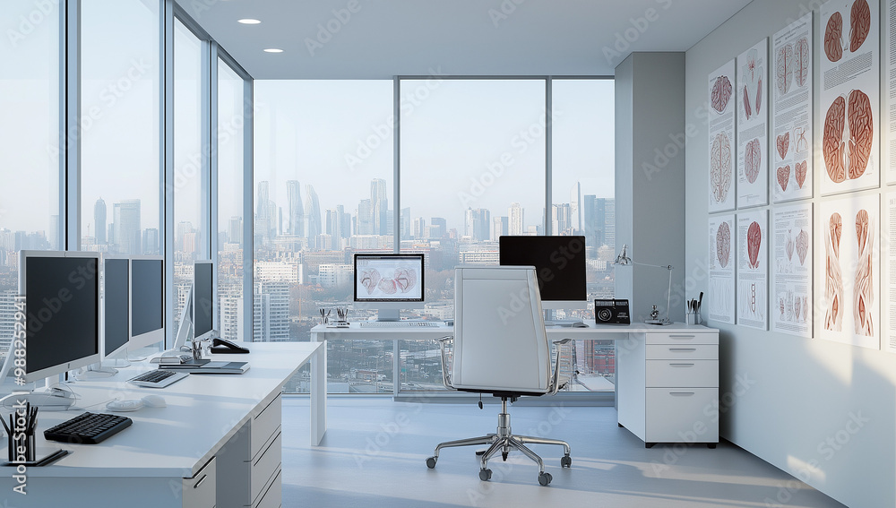 This is a modern office with computers, white desks, and a city view This is a modern office with computers, white desks, and a city view