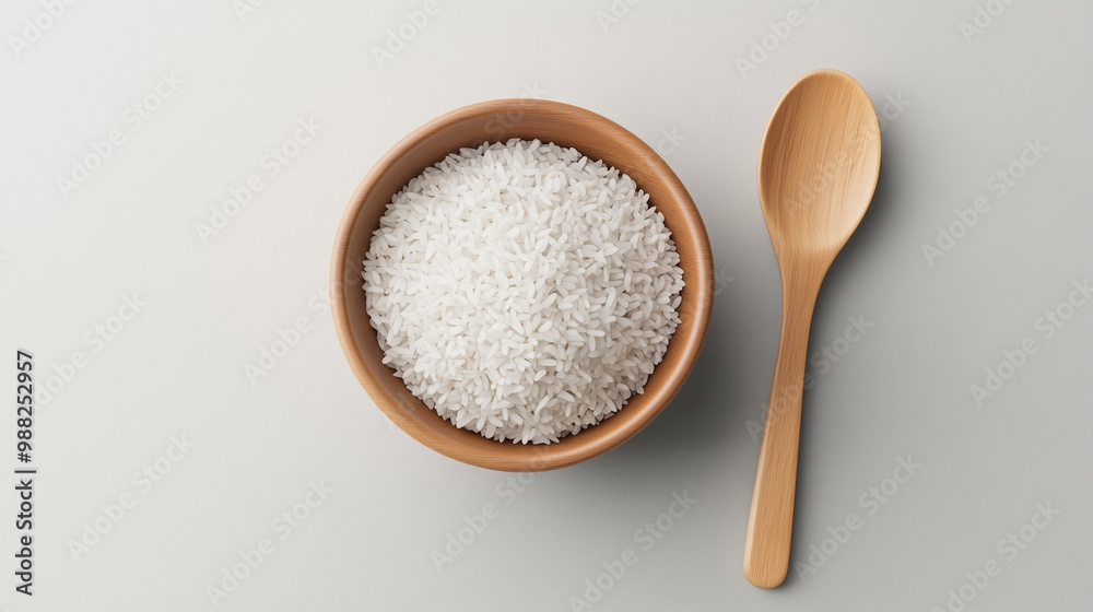 A wooden bowl filled with uncooked white rice sits next to wooden spoon, creating simple and natural kitchen scene. A wooden bowl filled with uncooked white rice sits next to wooden spoon, creating simple and natural kitchen scene.