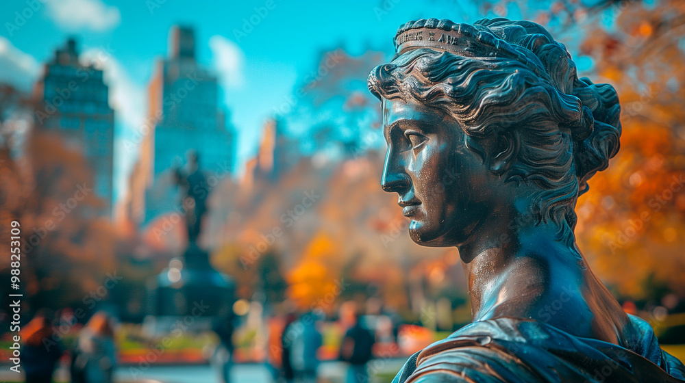 Fototapeta premium Bronze statue profile in urban park during autumn with blurred buildings in background. Concepts of public art, history, and cityscapes during fall season.