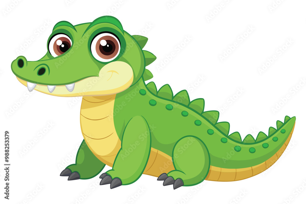 Naklejka premium A cheerful crocodile with big eyes and a friendly smile sits comfortably, showcasing its vibrant green color against the plain white backdrop.