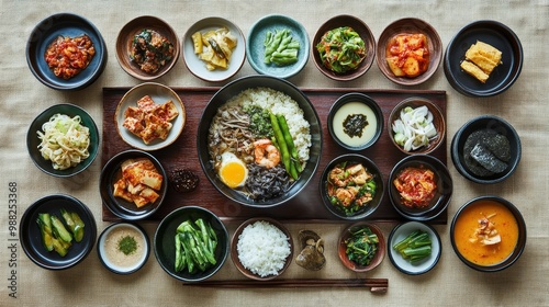 Morning Harmony: Overhead View of Traditional Korean Breakfast with Banchan, Rice, and Soup