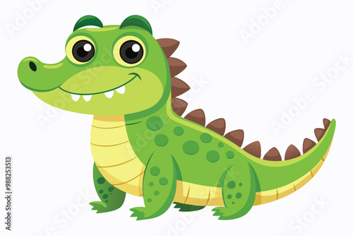 A charming cartoon crocodile with big eyes and a friendly smile sits against a white background, showcasing its vibrant green color and playful demeanor.