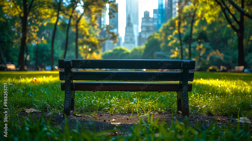 Empty park bench facing a sunlit grassy area with tall buildings in the background. Concepts of urban solitude, nature in the city, and peaceful retreat. Empty park bench facing a sunlit grassy area with tall buildings in the background. Concepts of urban solitude, nature in the city, and peaceful retreat.