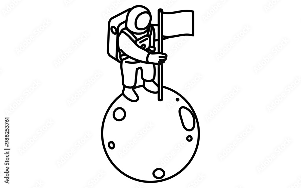 旗を月面にさす宇宙飛行士のシンプルな白黒線画、アイソメイラスト 旗を月面にさす宇宙飛行士のシンプルな白黒線画、アイソメイラスト