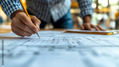 Close-up of an architect's hand pointing at detailed plans on a blueprint, with an engineer taking notes on a notepad beside them, highlighting their collaborative approach to a new building project