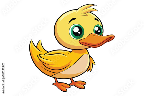 A cheerful yellow cartoon duck stands happily, showcasing its big eyes and vibrant colors while surrounded by a bright, sunny park atmosphere.