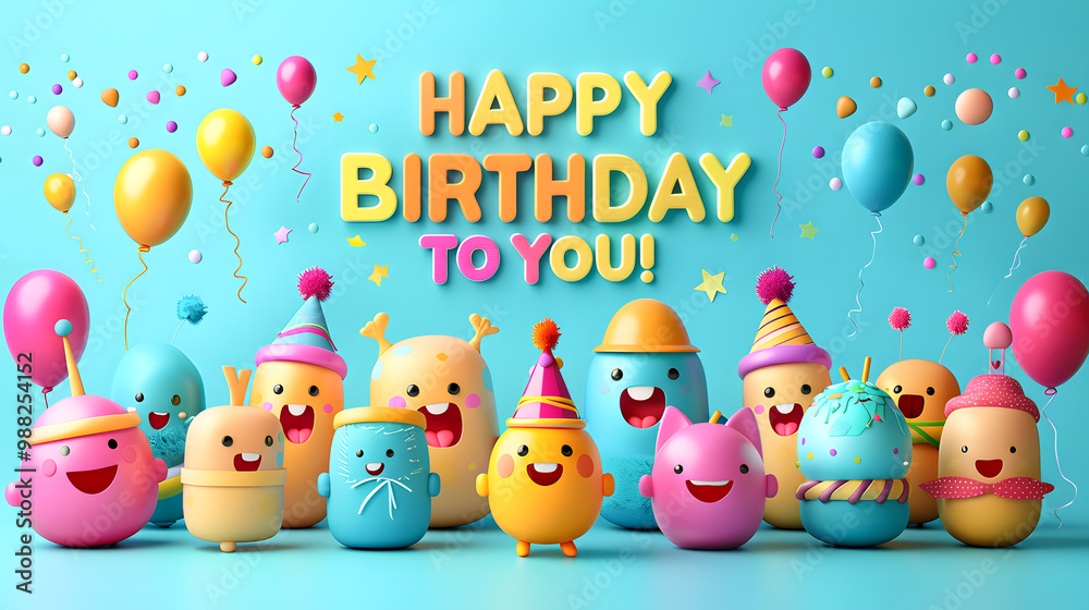 A group of smiling emoji wearing party hats, with the text 