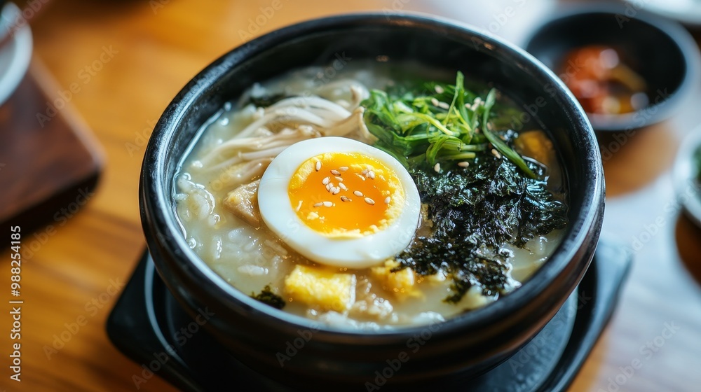 Traditional Korean Tteokguk with Sliced Egg and Seaweed in Natural Light for Clean Presentation Traditional Korean Tteokguk with Sliced Egg and Seaweed in Natural Light for Clean Presentation