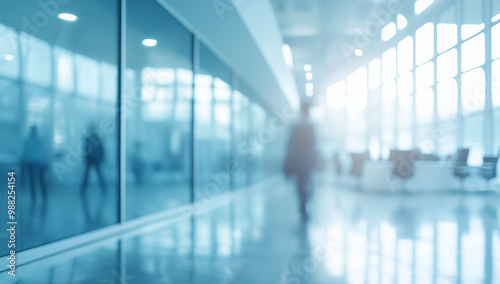 This is a blurry image of a modern office with people walking in the background